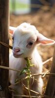 AI generated Charming farm moment White baby goat plays near bamboo fence Vertical Mobile Wallpaper photo