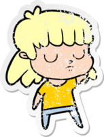 distressed sticker of a cartoon indifferent woman png