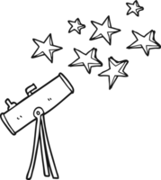 hand drawn black and white cartoon telescope and stars png