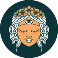 iconic tattoo style image of female face with third eye and crown of flowers png