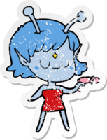 distressed sticker of a cartoon alien girl with ray gun png