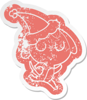 cute quirky cartoon distressed sticker of a dog wearing santa hat png