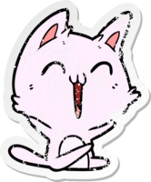 distressed sticker of a happy cartoon cat meowing png