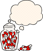 cartoon jar of candy with thought bubble in comic book style png