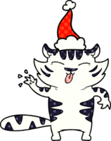 main tiré bande dessinée livre style illustration de une blanc tigre portant Père Noël chapeau png