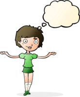 cartoon woman spreading arms with thought bubble png