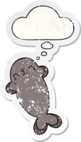 cartoon seal with thought bubble as a distressed worn sticker png