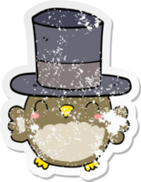 distressed sticker of a cartoon owl wearing top hat png