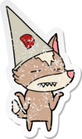 distressed sticker of a cartoon wolf wearing dunce hat png