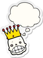 cartoon spooky skull face with crown with thought bubble as a printed sticker png