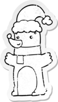 autocollant en détresse d'un ours de dessin animé portant un chapeau de noël png