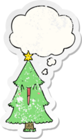 cartoon christmas tree with thought bubble as a distressed worn sticker png