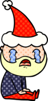 hand drawn comic book style illustration of a bearded man crying wearing santa hat png