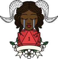 Retro Tattoo Style crying tiefling with natural one D20 dice roll png
