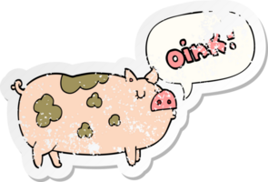 cartoon oinking pig with speech bubble distressed distressed old sticker png