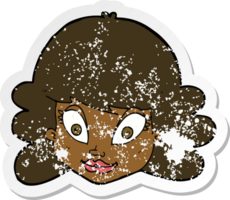 retro distressed sticker of a cartoon happy female face png