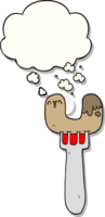 cartoon sausage on fork with thought bubble as a printed sticker png