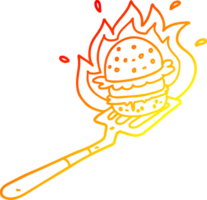 calentar degradado línea dibujo de un dibujos animados llameante hamburguesa en espátula png