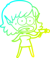 cold gradient line drawing of a cartoon shocked alien girl with ray gun png