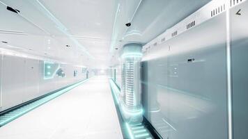 un futurista pasillo con pulcro blanco paredes y futurista Encendiendo video