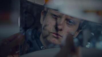 solitario interrogativo giovane caucasico uomo vedendo lui stesso riflettendo nel specchio video