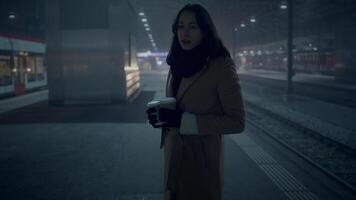 nett Frau Portion traurig Alten obdachlos Mann draußen im kalt Nacht video