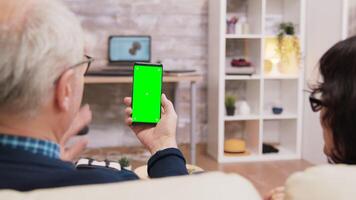 Back view of elderly age couple holding phone with green screen. video