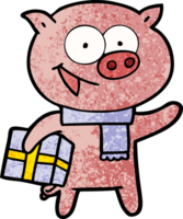 cheerful pig with christmas gift png