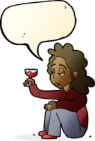 cartoon unhappy woman with glass of wine with speech bubble png