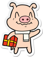 autocollant d'un cochon de dessin animé nerveux avec cadeau png