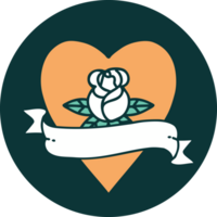 image emblématique de style tatouage d'une rose de coeur et d'une bannière png