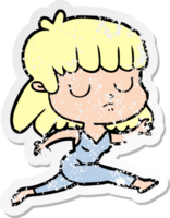 distressed sticker of a cartoon indifferent woman running png