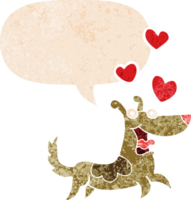 cartoon dog with love hearts with speech bubble in grunge distressed retro textured style png