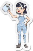 retro distressed sticker of a cartoon female worker with coffee mug png