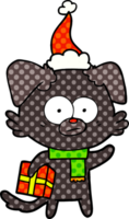 nervoso cane mano disegnato comico libro stile illustrazione di un' con regalo indossare Santa cappello png