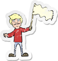 retro distressed sticker of a cartoon man waving white flag png