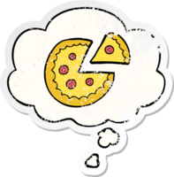 cartoon pizza with thought bubble as a distressed worn sticker png