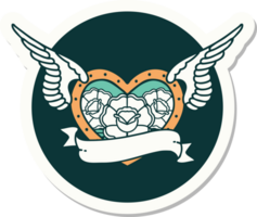 sticker of tattoo in traditional style of a flying heart with flowers and banner png