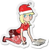 retro distressed sticker of a cartoon woman in christmas hat png