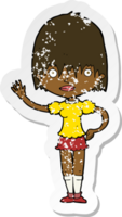 retro distressed sticker of a cartoon waving woman png