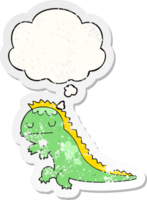 cartoon dinosaur with thought bubble as a distressed worn sticker png