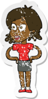 retro distressed sticker of a cartoon woman with hands on hips png