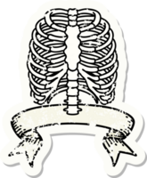 worn old sticker with banner of a rib cage png