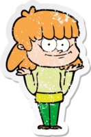 distressed sticker of a cartoon smiling woman png