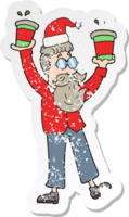 retro distressed sticker of a cartoon man with coffee cups at christmas png