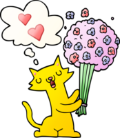 cartoon cat in love with flowers with thought bubble in smooth gradient style png