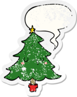 cute cartoon christmas tree with speech bubble distressed distressed old sticker png