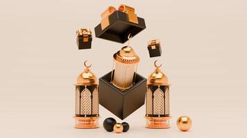 3D Render Ramadan Background with lantern, gift boxes and islamic ornaments photo
