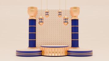 3d hacer Ramadán podio antecedentes con linterna, pilar, y islámico adornos foto