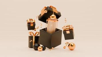 3D Render Ramadan Background with lantern, gift boxes and islamic ornaments photo